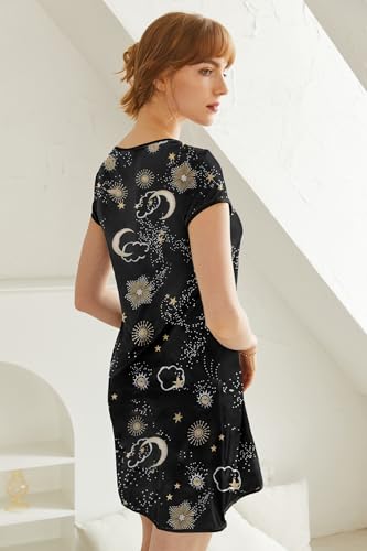 Image of Ekouaer Womens Nightgown Sleep Shirt Dress Satin Patchwork Short Sleeve Sleepwear with Pocket