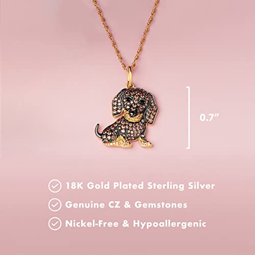 Scamper & Co Dachshund Pendant Necklace For Women And Girls - Genuine Gemstone And Cubic Zirconia Puppy Charm With Elegant Bone Pattern Backplate On Real, Premium Plated Sterling Silver Chain With Easy Closure Lobster Claw Clasp, 18 Inch #TOP4