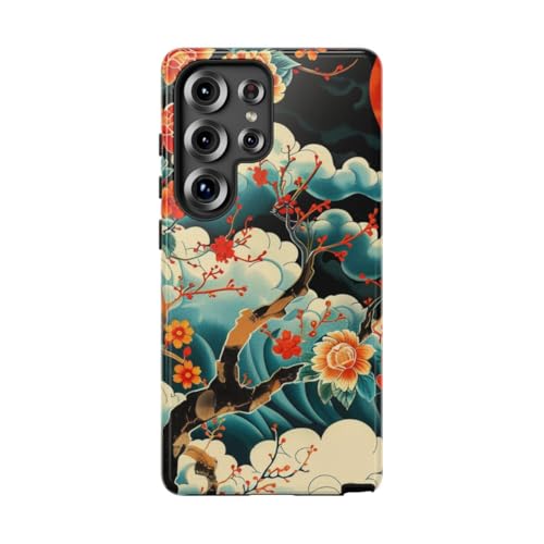 Coque Samsung S25 Ultra orange rigide et brillante anti-rayures au motif floral artistique