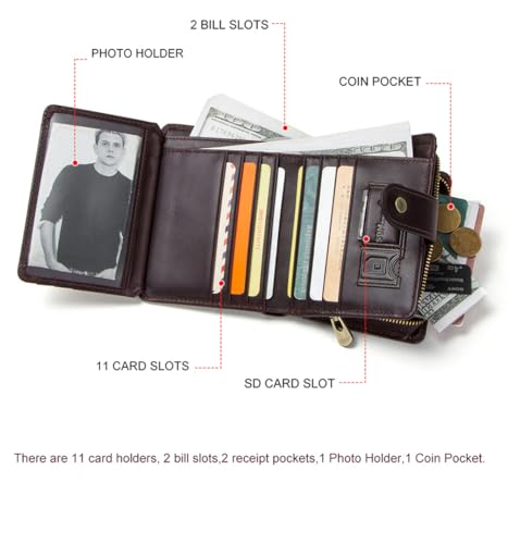 Image of Sam's Design Genuine Leather Wallet with RFID for Mens /Womens Handcrafted Vintage Wallet with 12 Card Slots, 1 ID Window, 1 Zipper Coin Short Wallet for Travel, Party, Wedding, Business, Dark Brown
