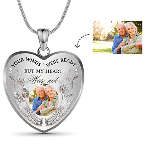 Drawelry Personalized Photo Memorial Necklace Customized Picture Pendant With Angel Wings Sterling Silver for Women Men I Will Carry You with Me Heart Memory Necklace Jewelry Gift for Memorial Father's Mother's Day Birthday Anniversary Loving Memory3
