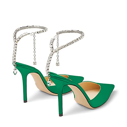 Image of LauraVicci Women's Heeled Sandals Crystal Chain Ankle Straps Rhinestones Buckle High Heels Stiletto Slip On Wedding Party Satin Dress Shoes