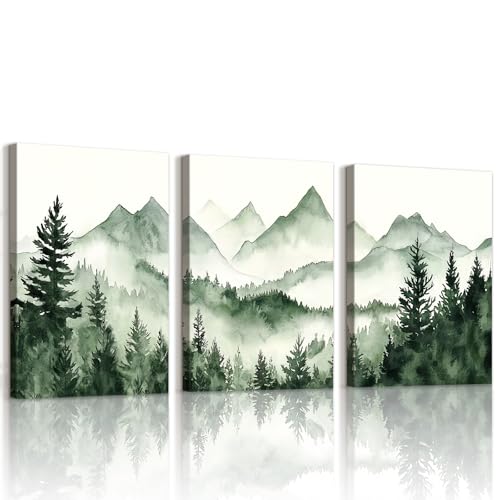 WENGTIAO 3 Pièces Aquarelle Montagne Forêt Tableau Decoration Murale Encadré Toile Peinture Nature Arbre Brumeux Montagne Decoration Murale Salon Maison...