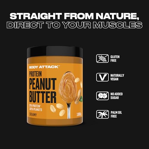 Body Attack Peanut Butter Creamy, 1kg - Erdnussbutter 30% Protein ohne Zuckerzusatz, vegan, ohne palmöl