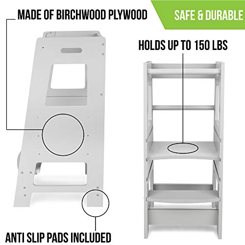 KidzWerks Child Standing Tower - Grey Child Kitchen Step Stool with Adjustable Standing Platform - Wooden Montessori Standing Tower - Kid's Step Stool
