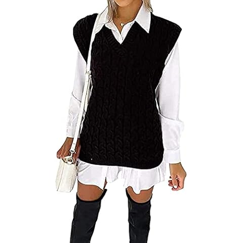 JJ CLOTHING V01 Women's Chunky Cable Knitted Sleeveless Jumper - Ladies V-Neck Vest Tank Top Winter Knit Sweater Plus Siz (Black, 12-14) Cover