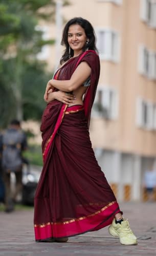 Image of Sudip callection Handloom Mul Cotton Saree for Women - Bottle Green with Pink Border Golden Zari Line & Tassel Pallu