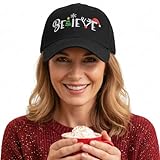 Siteshy for Women Men Christmas Hat Believe Cap Baseball Black Dad Cap Easily Adjustable Unisex Funny Party (Black - Believe)