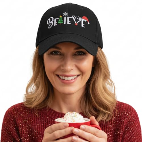 Siteshy for Women Men Christmas Hat Believe Cap Baseball Black Dad Cap Easily Adjustable Unisex Funny Party (Black - Believe)