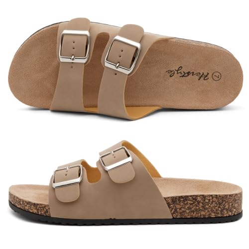 Image of Herstyle Womens Cork Footbed Slides for Women, Double Strap Flat Sandals, Adjustable Buckle Comfort Slip On Shoes, Summer Beach Casual Walking Slippers