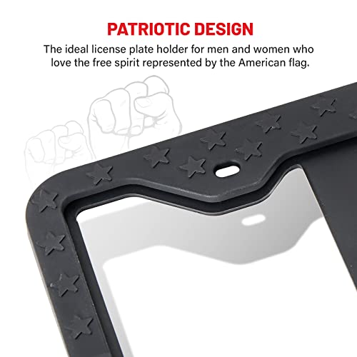 Red Wolf Silicone License Plate Frame American Flag Auto Tag Cover, Subdued 3D Stars And Stripes Usa Flag Front Rear License Plate Bracket Holder, Black Rattle Proof W/Mounting Accessories #TOP4