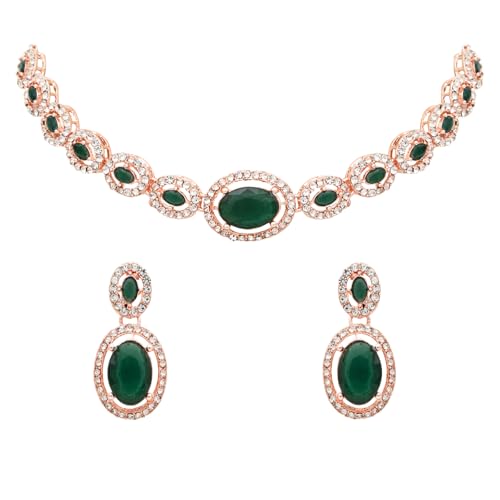 Image of I Jewels Rose Gold Plated Stylish Design Crystal Diamond Necklace & Earrings Jewellery Set for Women