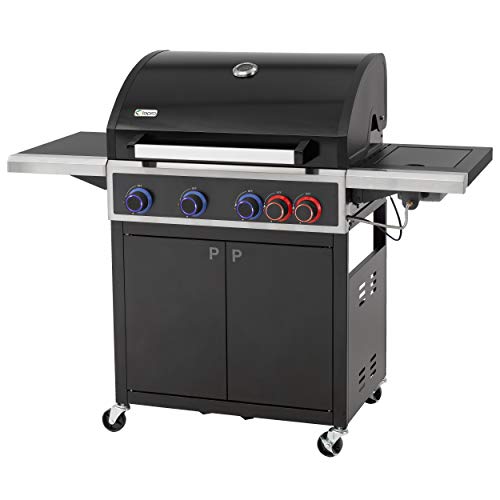 Tepro 4 Burner Gas BBQ Grill - 146 x 108cm | Outdoor Barbecue with Piezo Ignition Powerzone Burner & Lid | Easy Set Up, Side Tables, a Warming Rack & Thermometer | Home Picnic & Garden Cooking | Black
