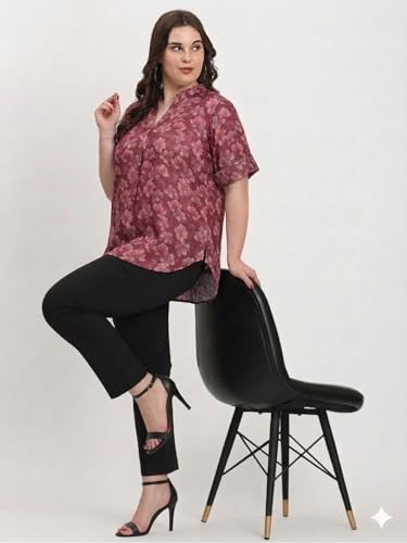 Image of SINDOORI Relaxed Fit Tops for Women Plus Size Solid Printed Mandarin Collar, Band Collar, V-Neck Top, Half Sleeve Loose Fit