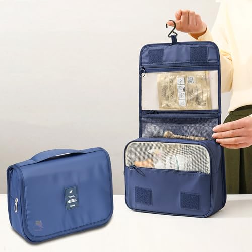 Image of Wishkey Travel Toiletry Pouch for Men & Women Waterproof Hanging Organizer Pouch for Bathroom Accessories, Makeup & Cosmetics Large Capacity Portable Toiletries Kit with Mesh Pockets - Dark Blue