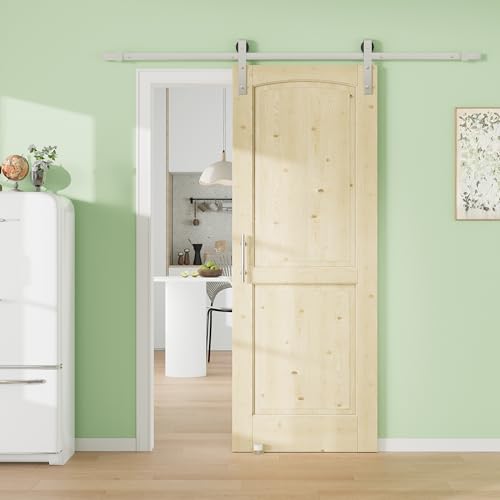 Image of 36 inch x 80 inch Presembled 2 Raised Panels Barn Door with 72 inch Track Kit, Pine Wood Sliding Barn Doors for Closet Kitchen Bedroom Pantry, Excellent Sound & Thermal Insulation, Nickel-Plated Hardware Kit
