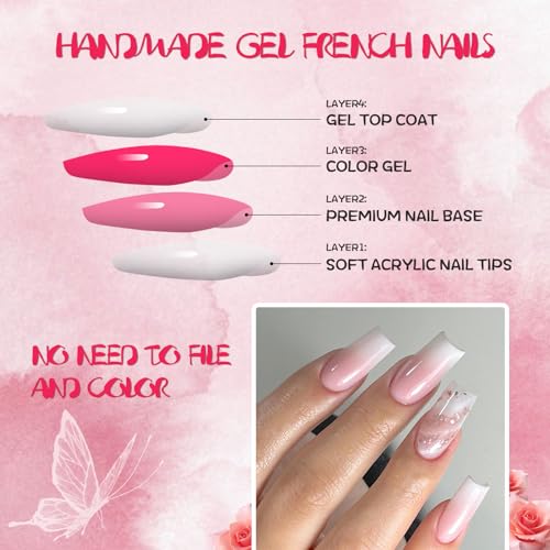 AddFavor Press on Nails Medium Square, 120pcs Fake Nails Press on Medium Square False Nail Pink White Gradient Acrylic Nails with Design for Women Girls