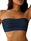 ZAFUL Women Textured Bandeau Bikini Top Lace up Strapless Swimsuit Solid Color High Cut Bathing Suits Top Only(0-Navy Blue, M)