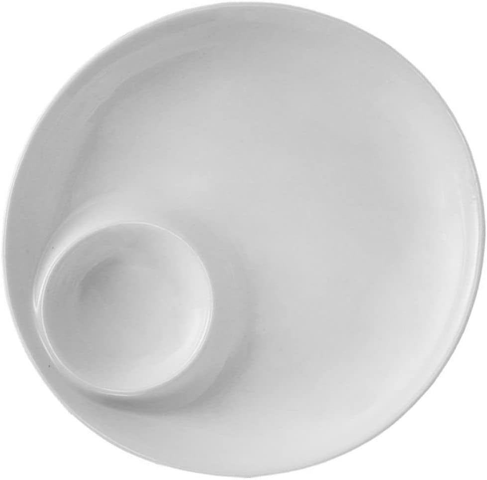 Garneck Ceramic Plate with Sauce Compartment, 9 Inch White round Dish