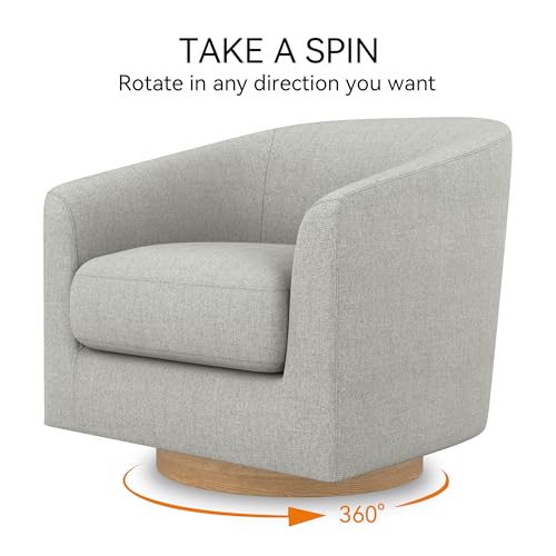 Image of Swivel Accent Chair, Upholstered Modern Barrel-Curved Armchair, Linen Fabric Comfty Sofa Reading Chair with Solid Wood Base for Bedroom, Club, Living Room, Light Grey