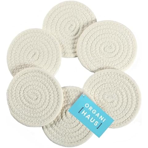 OrganiHaus Set of 6 White Farmhouse Coasters for Coffee Table, 4.3" Aethetic Boho Coasters for Drinks, Absorbent Coasters, Cute Coasters, Moisture Absorbing Coasters, Woven Fabric Cup Coasters Cover