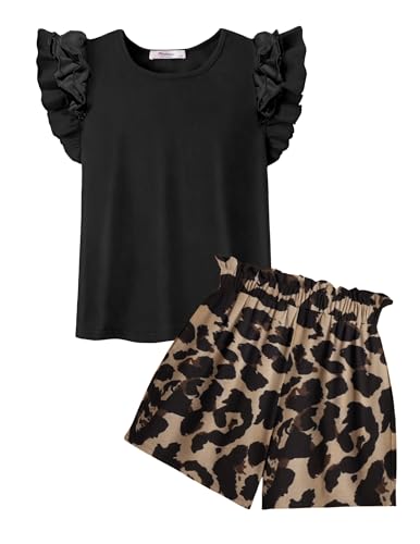 Arshiner - Arshiner Girls Summer Clothing Set Festive Clothing Sets Children Outfit Black T-Shirt Leopard Print Shorts Two Piece Fashion Girls Clothes with Pockets 8-9 Years
