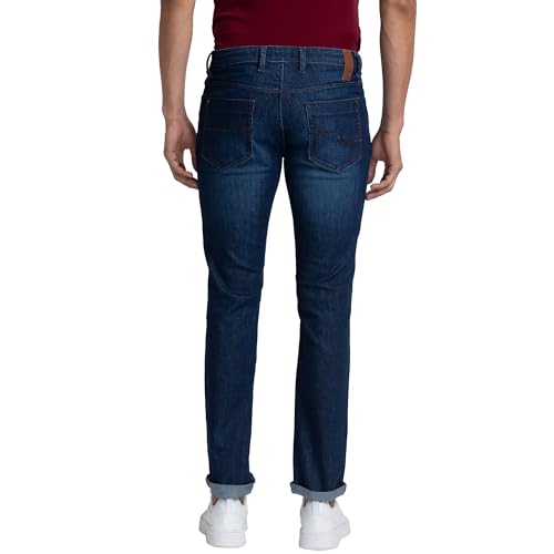 Image of Raymond Men's Mid Rise Cotton Blend Solid Pattern Slim Fit Flat Front Jeans