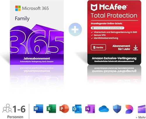 Microsoft 365 Family │ 1 Jahr │ bis zu 6 Personen │ Office Apps mit KI | bis zu 6 TB Cloudspeicher | verlängert für 129,99€ + McAfee Total Protection | 1 Jahr | 5 Geräte │ verlängert für 108,10€