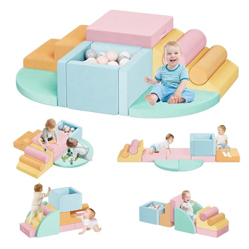 smilesun 12 PCS Foam Climbing Blocks for Toddlers with Ball Pit, Safe Soft Play Gym Set，Baby Kids' Indoor Playground Foam Blocks for Crawling, Climbing Motor Skills Development（Colorful）