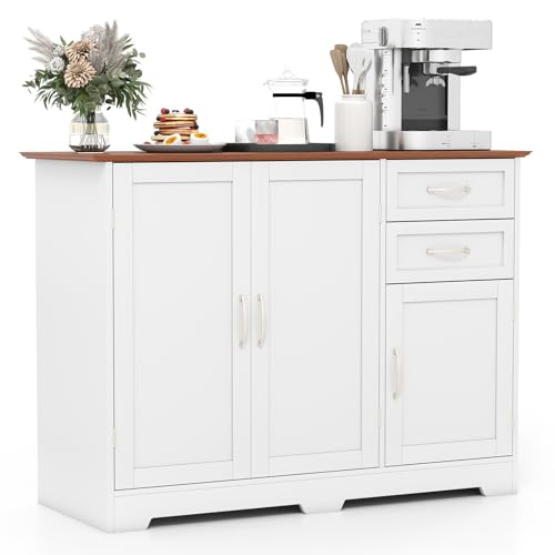 GIANTEX Aparador de Cocina con Encimera, 100 x 40 x 78 cm, Armario con Puertas y 2 Cajones, Estante Ajustable, Isla de Cocina con Kit Antivuelco, Mueble Auxiliar Multiuso para Comedor, Salón (Blanco)