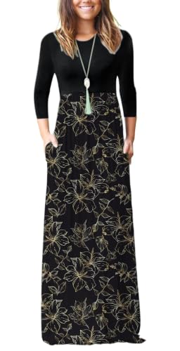 Image of WNEEDU Women's 3 /4 Sleeve Casual Loose Long Maxi Dresses with Pocket