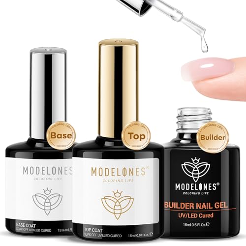 modelones Builder Nail Gel with Gel Top Coat, 3Pcs Clear Builder Nail Kit for Thickening Apex Building Extension Rhinestone Gel Tips Glue, U/V LED Lamp Cured for Home DIY Salon Girls