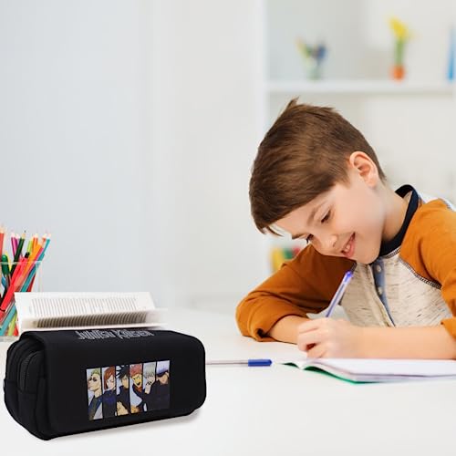 Image of Fancyku Jujutsu Kaisen Polyester Pencil Case, Anime Pencil Pouch, Cartoon Prints Pen Pouch, Large Capacity Pu Pencil Bag Stationery Organizer, Students Gift Children's Day Gift School Gift (Black)