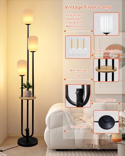 Image of Lightdot Black Dimmable Floor Lamp with Shelf Modern Floor Lamps with Oval Striped Lampshade & Bulb Included 3-Lights Tall Lamp with 5Lbs Heavy Base for Living Room /Bedroom /Sofa Beside /Corner Decor