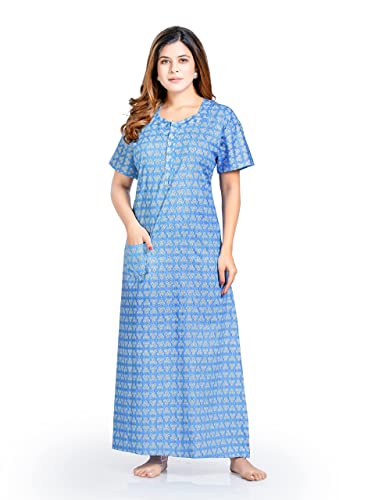 Image of PNAEONG Women's Printed Cotton Nighty, Gown Maxi - Free Size Blue