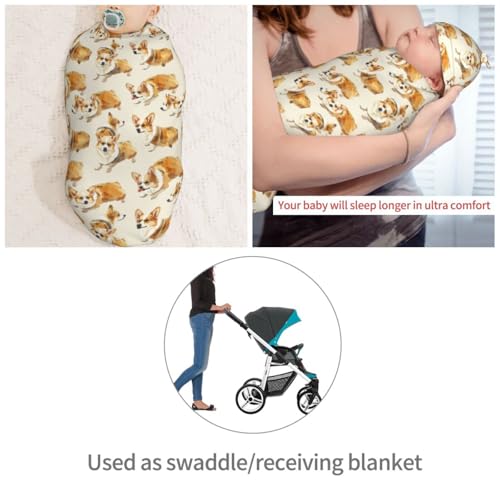 Image of Watercolor Cute Corgi Newborn Swaddle Blankets Hat Sets Soft Baby Receiving Blanket Swaddle Sack for Baby Shower Infant Boy Girl Gift