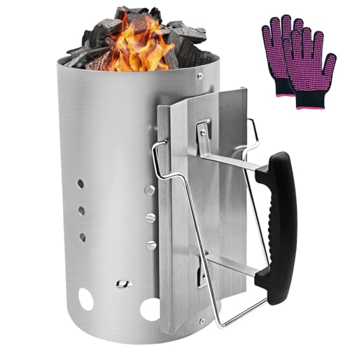 HALNKSZDDD Holzkohle-Anzündkamin, Großer Holzkohle-Anzündkamin mit Sicherheitsgriff, für Outdoor-Grillen Grill Camping, Silber