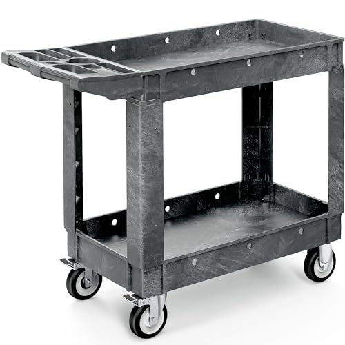 YITAHOME Grey Utility Cart on Wheels, 550 lbs Capacity, 40 x 17 Inch | Rolling Work Carts with Wheels, 2 Shelf Heavy Duty Plastic Service Cart Suitable for Warehouse, Garage, School & Office