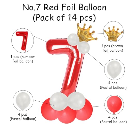 Image of Red 7 Number Foil Balloon with Crown & Base Balloons | 32 Inch Helium Supported for Birthday, Anniversary, Baby Shower Decoration - Pack of 14
