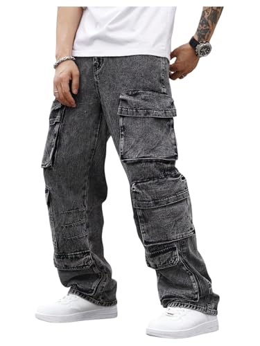 SOLY HUX Men's Cargo Jeans Y2k Grunge Hip Hop Wide Leg Baggy Denim Pants Streetwear with Pockets