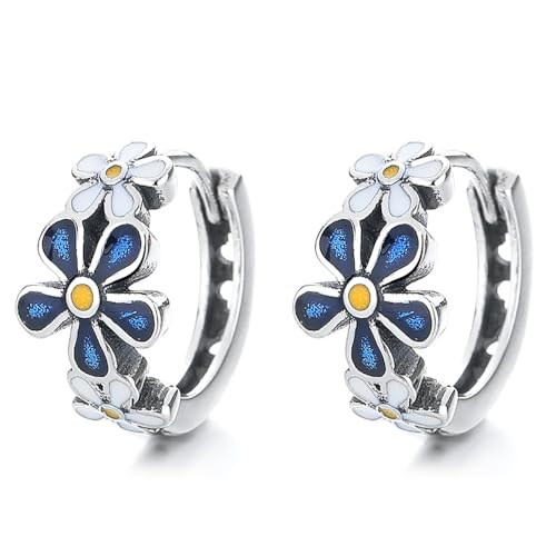 Kokoma Vintage Blue Daisy Flower Small Hoop Earrings for Women 925 Sterling Silver Daisy Huggie Hinged Hoops Cartilage Earrings Elegant Ear Jewelry Gifts for Birthday Party