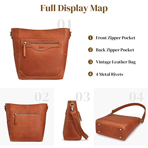 S-ZONE Women Genuine Leather Bucket Shoulder Bag Vintage Crossbody Purse with Outer Pocke - Image 6