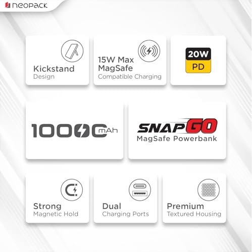 Image of Neopack SnapGO 10000mAh Magsafe Power Bank | Kickstand | Dual Charging | 15W Wireless and 22.5W Wired Charging Output for iPhone 12 & New Models, Android Smartphones and Other USB-C Devices (Black)
