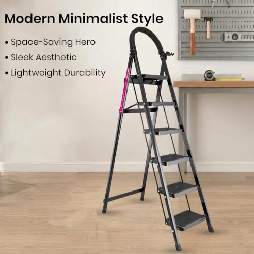 Image of Casa Copenhagen Black 6 Step Ladder for Home Use with Built-in Tool Tray | Heavy Duty D Shape Rods | Ultra Large Platform | Wide Rubber Feet | 150Kg Capacity Foldable Ladder - 7 Years Warranty