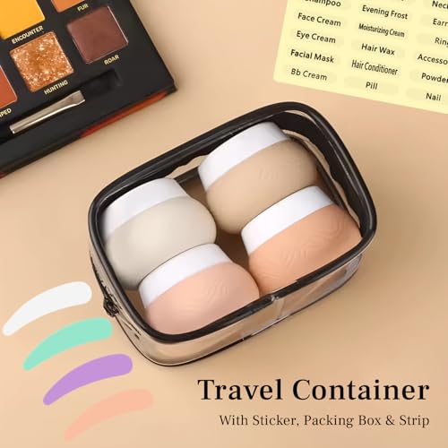 Image of Lyrovo 30ml Silicone Travel Containers for Toiletries, Set of 4 - BPA-Free Leakproof Refillable Cosmetic Jars with Clear Bag, Name Stickers, and Scoops for Face, Hand & Body Creams (Beige)