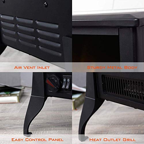 Festival Depot Freestanding Electric Fireplace 1400W Realistic Log Flame Stove Portable Space Heater FireBox Thermostat Control Office Home Living Room Apartment Use Steel Overheat Protect (14“)