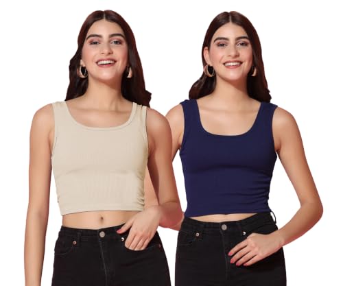 Image of TOPLOT Women's Solid Ribbed Round Neck Sleeveless Slim Fit Tank Top (5069)