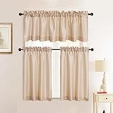 Faux Silk Kitchen Curtain Valance Set 36 Inch long Tier Curtains Cafe Curtains Rod Pocket valances for Living Room Bedroom Bathroom Farmhouse Rustic Country Window Curtains 3 Piece Set (Beige)