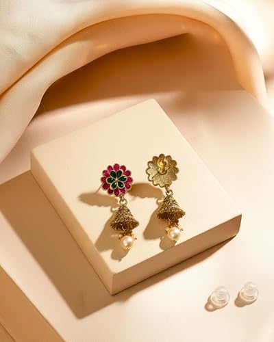 Image of Mansiyaorange Antique Gold South Indian Floral Motif Kundan Pearl Stone Jhumki Stud Earrings For Women