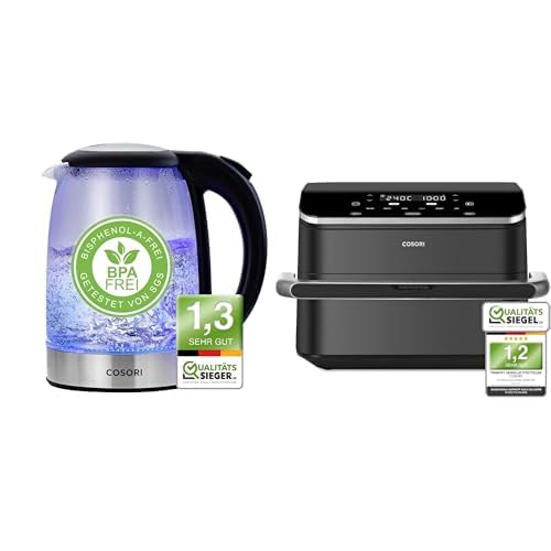 COSORI Wasserkocher Glas mit Upgrade Edelstahl Filter und Innendeckel&COSORI Heißluftfritteuse TwinFry 10L Airfryer